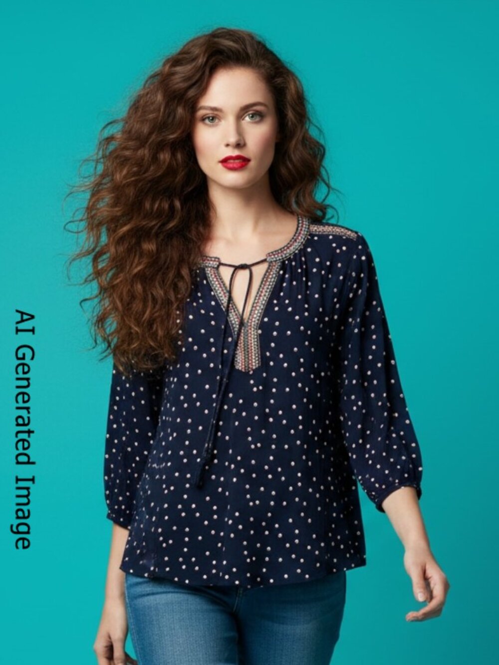 DR2 Navy Polka Dot Embroidered Boho Blouse Top Size L